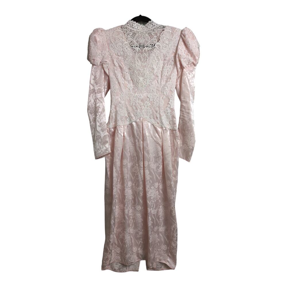 Vintage 80's Scott McClintock Pink Ivory Lace Victorian Style Dress High Neck 6